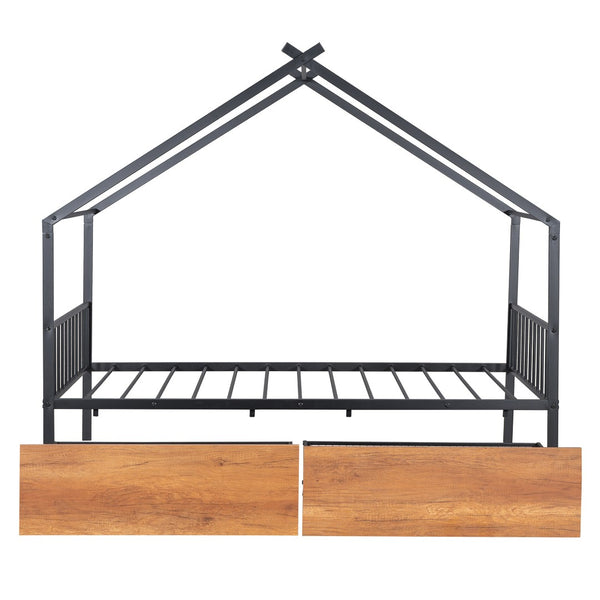 HomeRoots Black Metal Twin Bed Frame with Storage Drawers - Sleek Design, Sturdy Support & Modern Style 590278