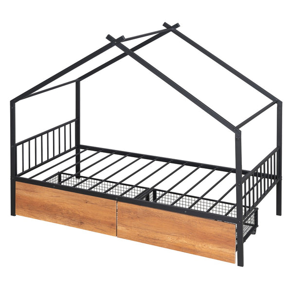 HomeRoots Black Metal Twin Bed Frame with Storage Drawers - Sleek Design, Sturdy Support & Modern Style 590278