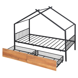 HomeRoots Black Metal Twin Bed Frame with Storage Drawers - Sleek Design, Sturdy Support & Modern Style 590278