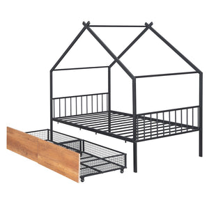 HomeRoots Black Metal Twin Bed Frame with Storage Drawers - Sleek Design, Sturdy Support & Modern Style 590278