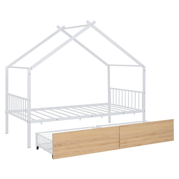 HomeRoots White Metal Twin Bed Frame with Underbed Drawers - Stylish, Durable Design for Modern Bedrooms 590279