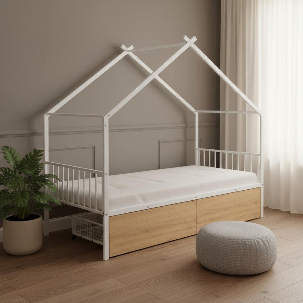 HomeRoots White Metal Twin Bed Frame with Underbed Drawers - Stylish, Durable Design for Modern Bedrooms 590279