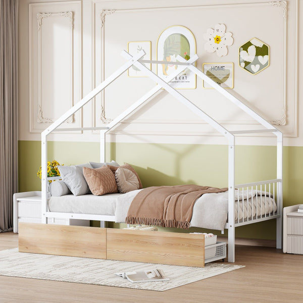 HomeRoots White Metal Twin Bed Frame with Underbed Drawers - Stylish, Durable Design for Modern Bedrooms 590279
