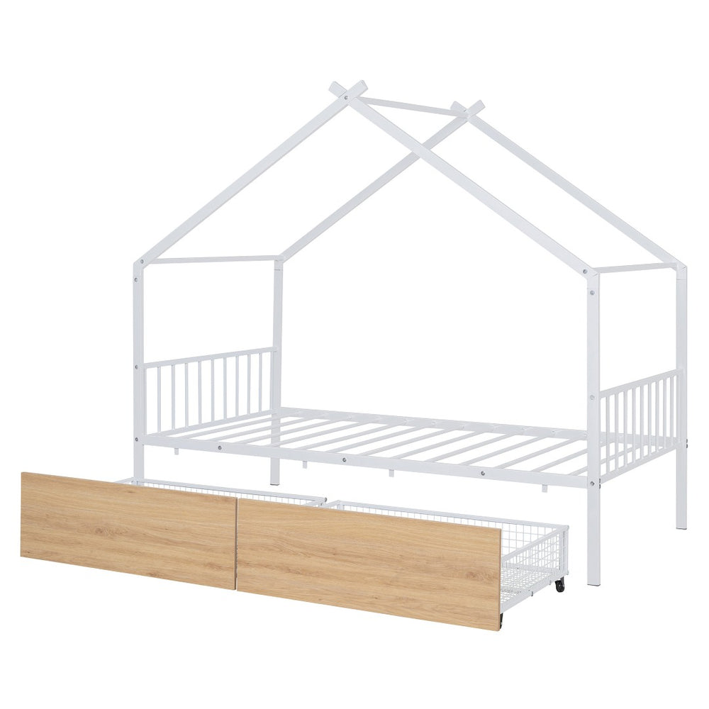 HomeRoots White Metal Twin Bed Frame with Underbed Drawers - Stylish, Durable Design for Modern Bedrooms 590279