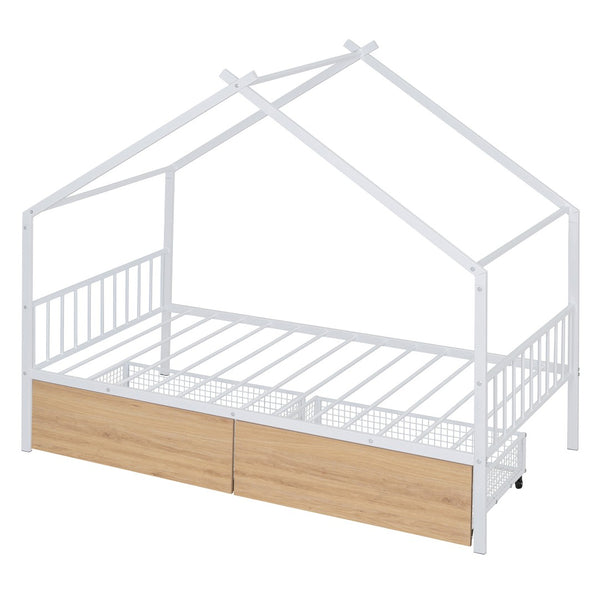 HomeRoots White Metal Twin Bed Frame with Underbed Drawers - Stylish, Durable Design for Modern Bedrooms 590279