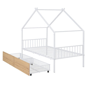 HomeRoots White Metal Twin Bed Frame with Underbed Drawers - Stylish, Durable Design for Modern Bedrooms 590279
