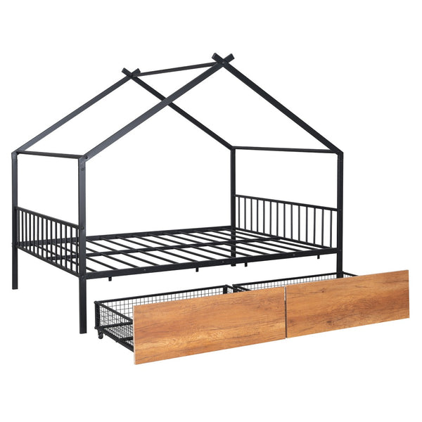 HomeRoots Black Metal Full Bed Frame with Integrated Storage Drawers for Modern Bedroom Organization & Style 590280