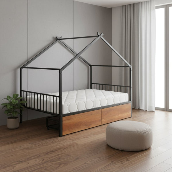 HomeRoots Black Metal Full Bed Frame with Integrated Storage Drawers for Modern Bedroom Organization & Style 590280