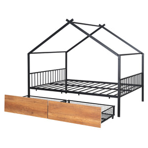 HomeRoots Black Metal Full Bed Frame with Integrated Storage Drawers for Modern Bedroom Organization & Style 590280