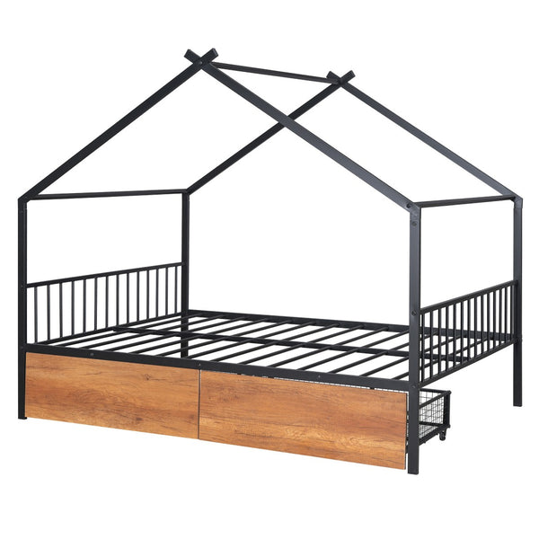 HomeRoots Black Metal Full Bed Frame with Integrated Storage Drawers for Modern Bedroom Organization & Style 590280
