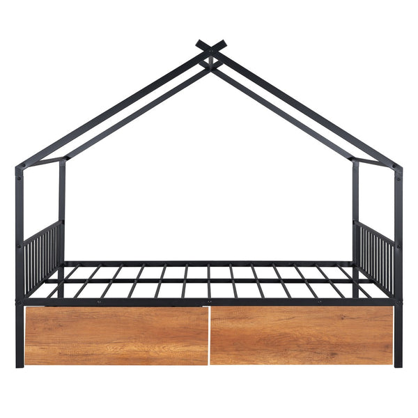 HomeRoots Black Metal Full Bed Frame with Integrated Storage Drawers for Modern Bedroom Organization & Style 590280