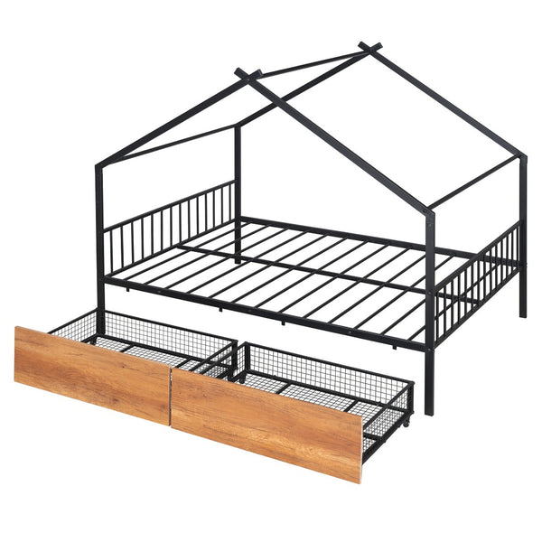 HomeRoots Black Metal Full Bed Frame with Integrated Storage Drawers for Modern Bedroom Organization & Style 590280