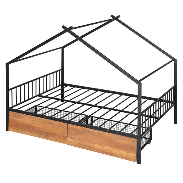 HomeRoots Black Metal Full Bed Frame with Integrated Storage Drawers for Modern Bedroom Organization & Style 590280