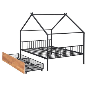 HomeRoots Black Metal Full Bed Frame with Integrated Storage Drawers for Modern Bedroom Organization & Style 590280