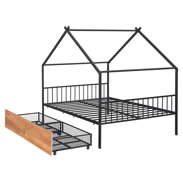 HomeRoots Black Metal Full Bed Frame with Integrated Storage Drawers for Modern Bedroom Organization & Style 590280