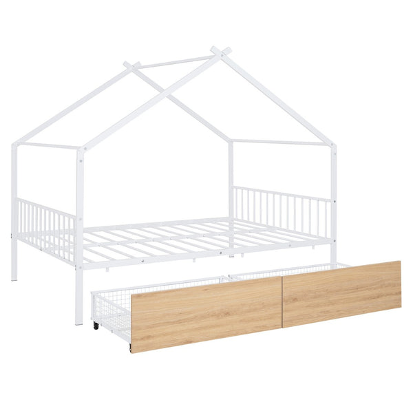 HomeRoots White Metal Full Bed Frame with Storage Drawers - Modern Design for Comfort & Style in Any Bedroom 590281