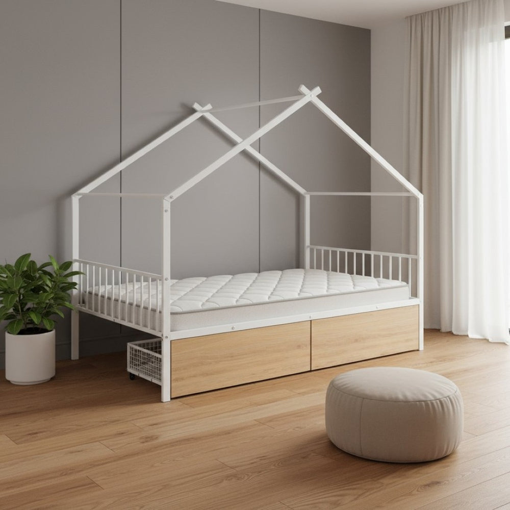 HomeRoots White Metal Full Bed Frame with Storage Drawers - Modern Design for Comfort & Style in Any Bedroom 590281
