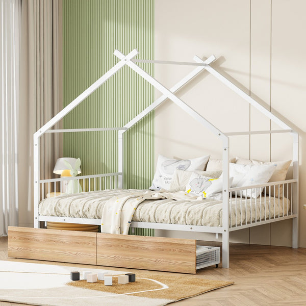 HomeRoots White Metal Full Bed Frame with Storage Drawers - Modern Design for Comfort & Style in Any Bedroom 590281