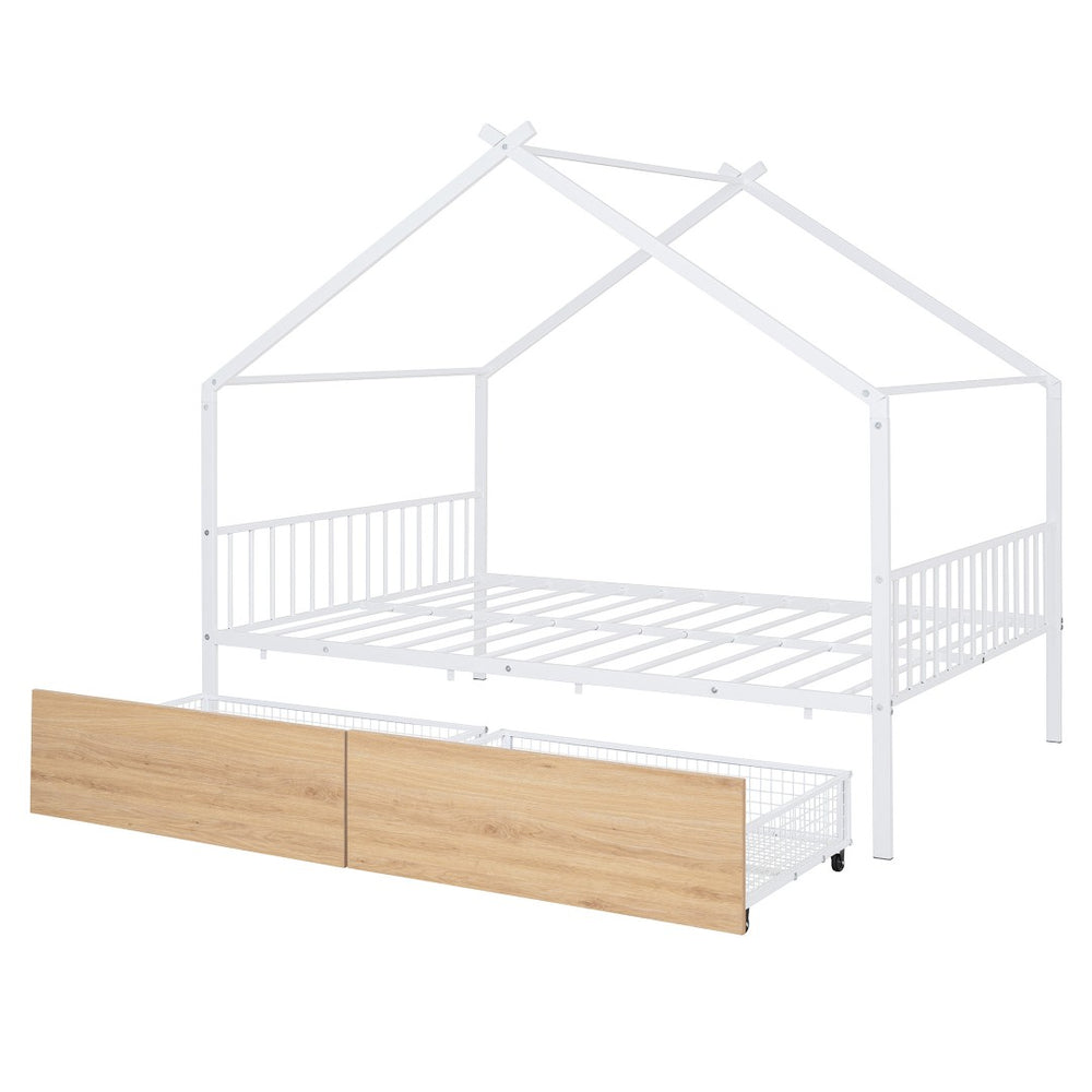 HomeRoots White Metal Full Bed Frame with Storage Drawers - Modern Design for Comfort & Style in Any Bedroom 590281