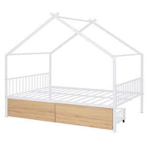 HomeRoots White Metal Full Bed Frame with Storage Drawers - Modern Design for Comfort & Style in Any Bedroom 590281