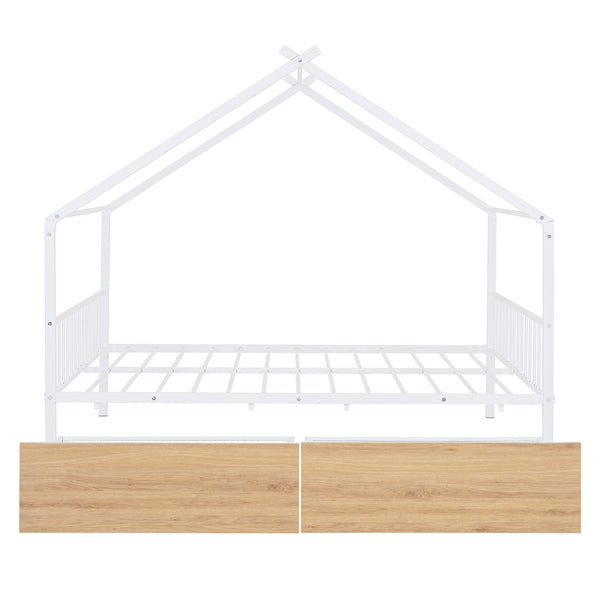 HomeRoots White Metal Full Bed Frame with Storage Drawers - Modern Design for Comfort & Style in Any Bedroom 590281