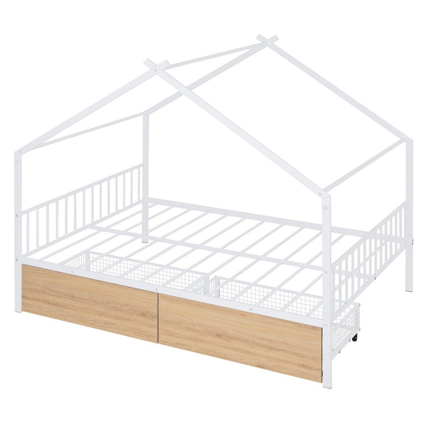 HomeRoots White Metal Full Bed Frame with Storage Drawers - Modern Design for Comfort & Style in Any Bedroom 590281