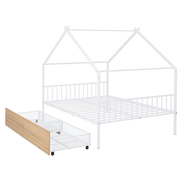 HomeRoots White Metal Full Bed Frame with Storage Drawers - Modern Design for Comfort & Style in Any Bedroom 590281