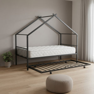 HomeRoots Black Metal Twin Bed Frame with Trundle - Modern Design, Durable, Space-Saving Solution for Any Room 590282