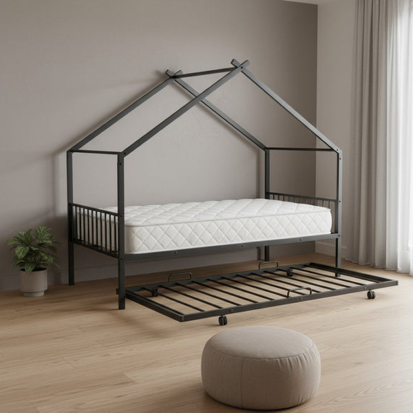 HomeRoots Black Metal Twin Bed Frame with Trundle - Modern Design, Durable, Space-Saving Solution for Any Room 590282