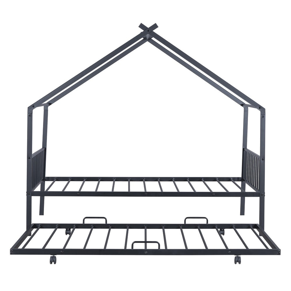 HomeRoots Black Metal Twin Bed Frame with Trundle - Modern Design, Durable, Space-Saving Solution for Any Room 590282