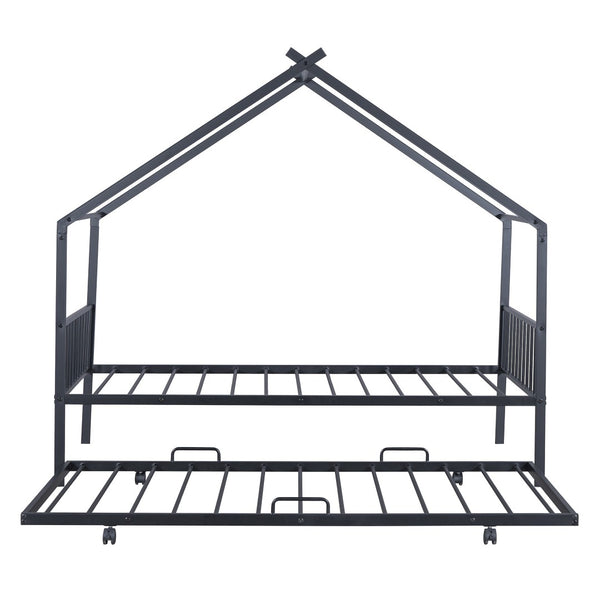 HomeRoots Black Metal Twin Bed Frame with Trundle - Modern Design, Durable, Space-Saving Solution for Any Room 590282