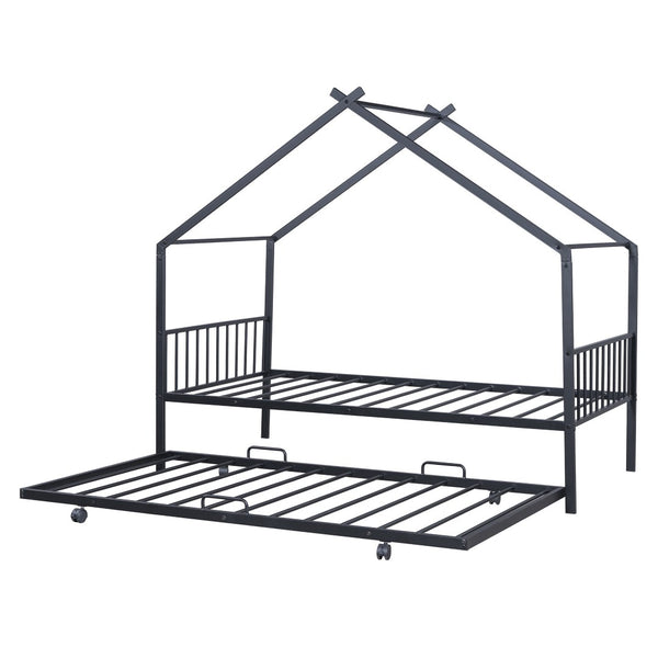 HomeRoots Black Metal Twin Bed Frame with Trundle - Modern Design, Durable, Space-Saving Solution for Any Room 590282