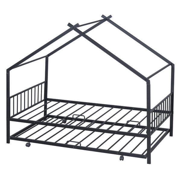 HomeRoots Black Metal Twin Bed Frame with Trundle - Modern Design, Durable, Space-Saving Solution for Any Room 590282