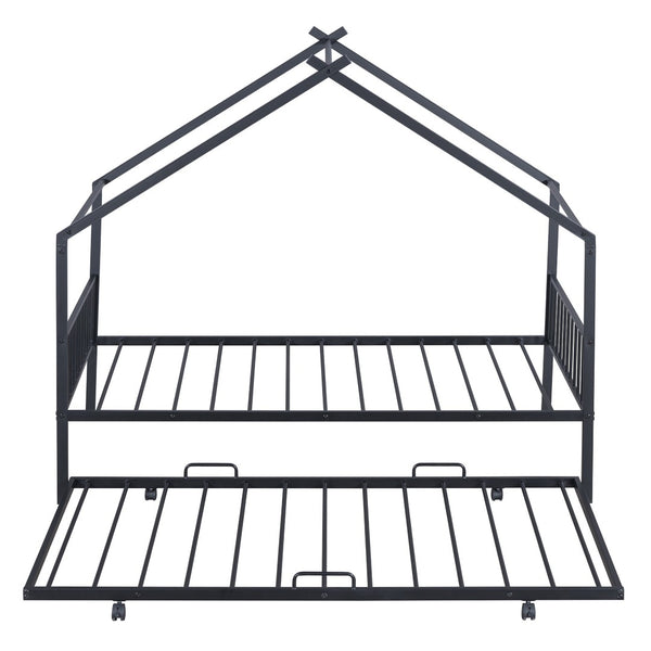HomeRoots Black Metal Twin Bed Frame with Trundle - Modern Design, Durable, Space-Saving Solution for Any Room 590282