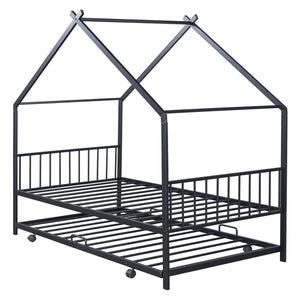 HomeRoots Black Metal Twin Bed Frame with Trundle - Modern Design, Durable, Space-Saving Solution for Any Room 590282