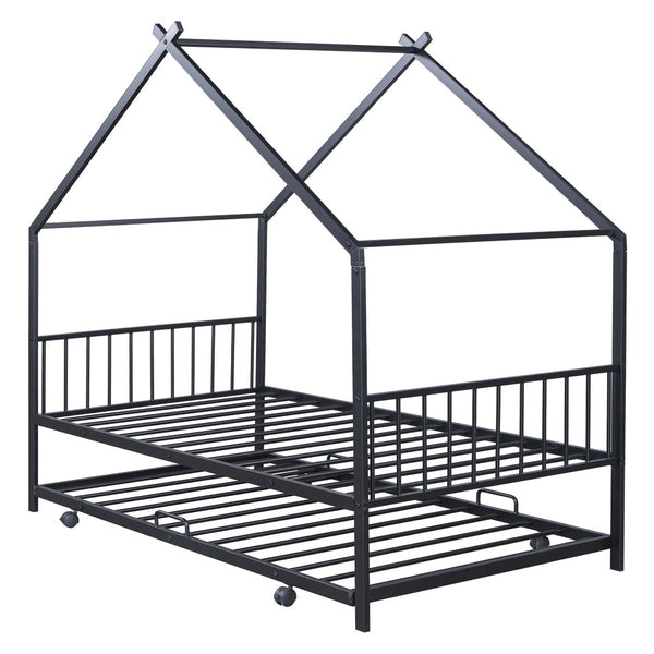 HomeRoots Black Metal Twin Bed Frame with Trundle - Modern Design, Durable, Space-Saving Solution for Any Room 590282