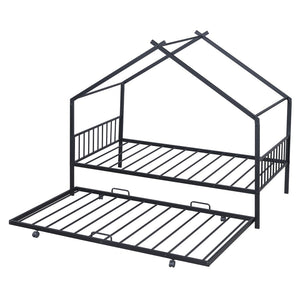 HomeRoots Black Metal Twin Bed Frame with Trundle - Modern Design, Durable, Space-Saving Solution for Any Room 590282