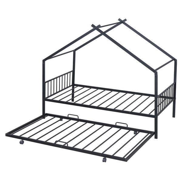 HomeRoots Black Metal Twin Bed Frame with Trundle - Modern Design, Durable, Space-Saving Solution for Any Room 590282