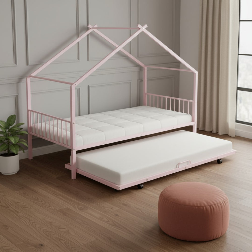 HomeRoots Pink Metal Twin Bed Frame with Trundle - Stylish, Durable, Space-Saving Design for Kids & Guests 590283