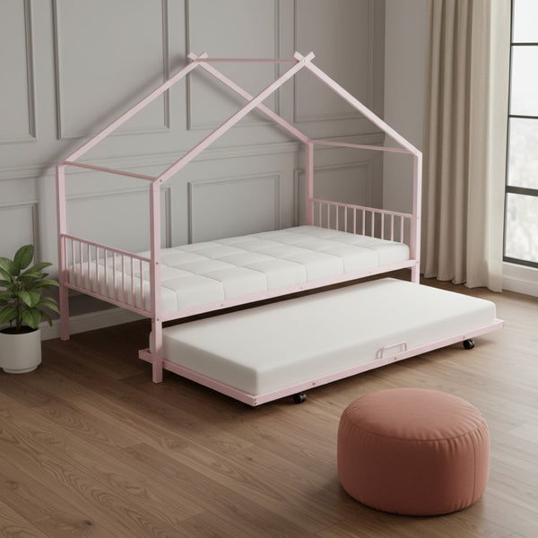 HomeRoots Pink Metal Twin Bed Frame with Trundle - Stylish, Durable, Space-Saving Design for Kids & Guests 590283