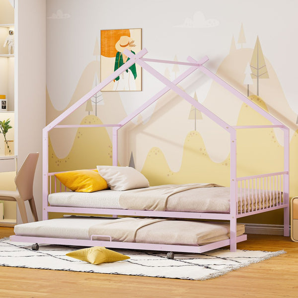 HomeRoots Pink Metal Twin Bed Frame with Trundle - Stylish, Durable, Space-Saving Design for Kids & Guests 590283