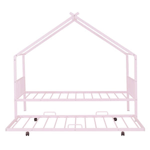 HomeRoots Pink Metal Twin Bed Frame with Trundle - Stylish, Durable, Space-Saving Design for Kids & Guests 590283