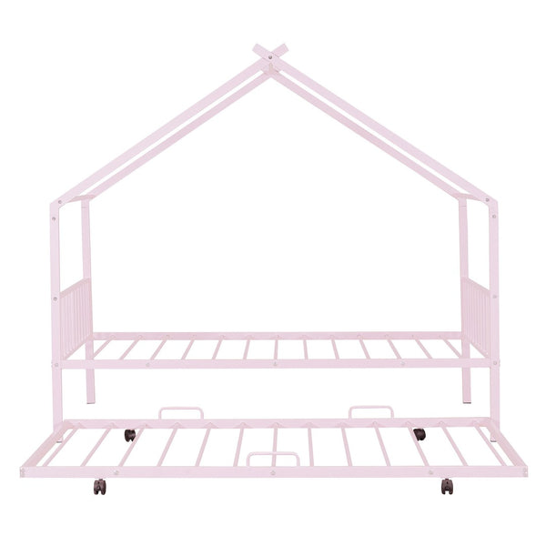 HomeRoots Pink Metal Twin Bed Frame with Trundle - Stylish, Durable, Space-Saving Design for Kids & Guests 590283
