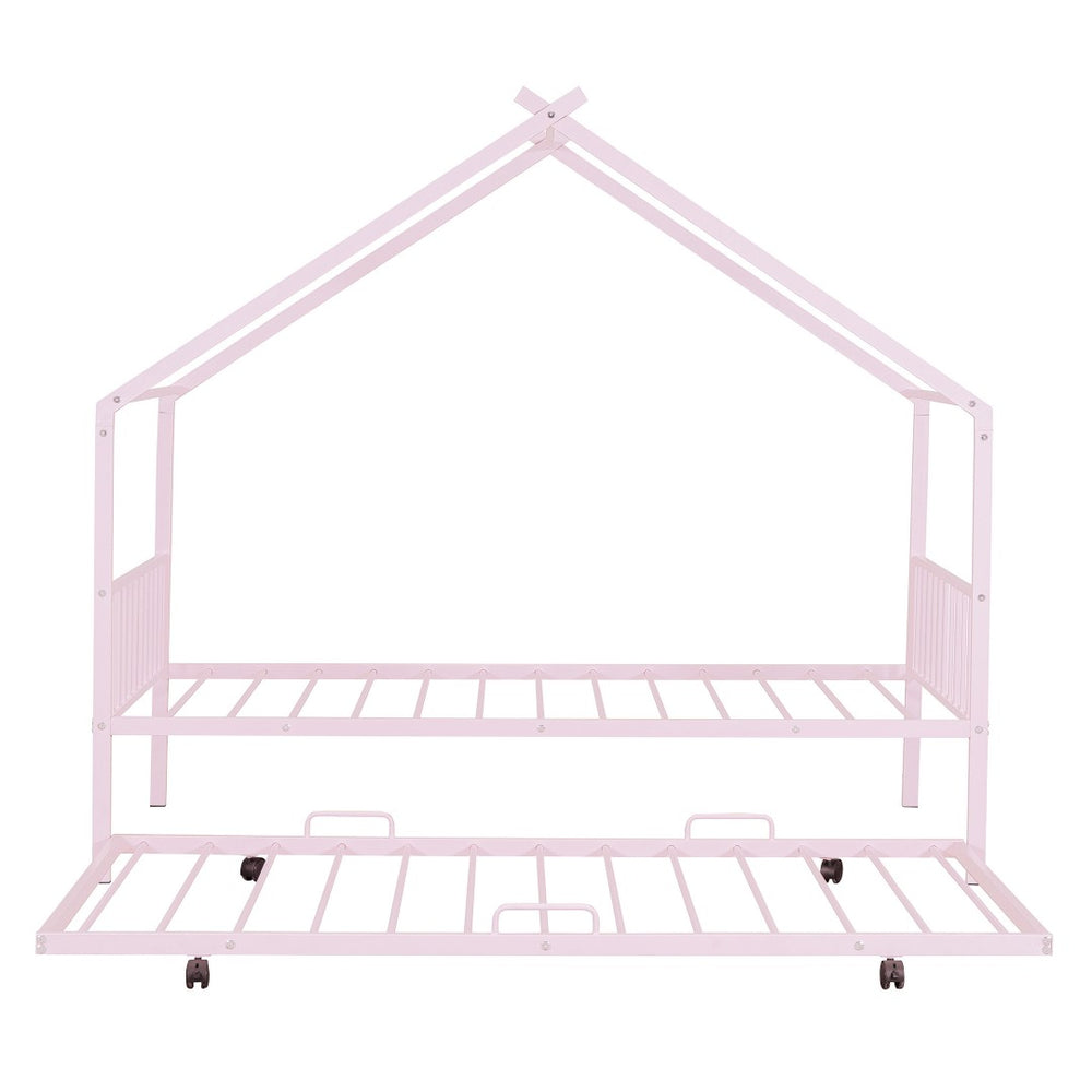 HomeRoots Pink Metal Twin Bed Frame with Trundle - Stylish, Durable, Space-Saving Design for Kids & Guests 590283