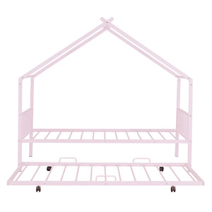 HomeRoots Pink Metal Twin Bed Frame with Trundle - Stylish, Durable, Space-Saving Design for Kids & Guests 590283