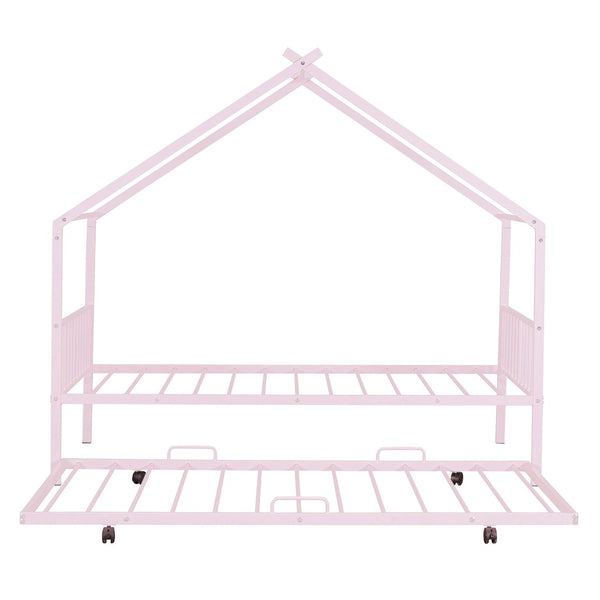 HomeRoots Pink Metal Twin Bed Frame with Trundle - Stylish, Durable, Space-Saving Design for Kids & Guests 590283
