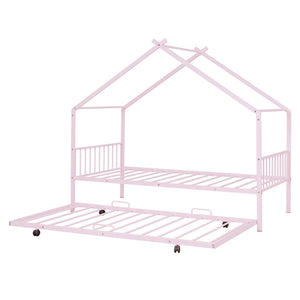 HomeRoots Pink Metal Twin Bed Frame with Trundle - Stylish, Durable, Space-Saving Design for Kids & Guests 590283