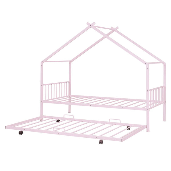 HomeRoots Pink Metal Twin Bed Frame with Trundle - Stylish, Durable, Space-Saving Design for Kids & Guests 590283