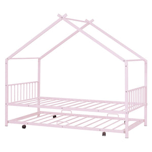 HomeRoots Pink Metal Twin Bed Frame with Trundle - Stylish, Durable, Space-Saving Design for Kids & Guests 590283