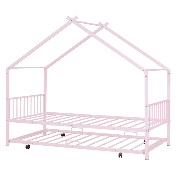HomeRoots Pink Metal Twin Bed Frame with Trundle - Stylish, Durable, Space-Saving Design for Kids & Guests 590283